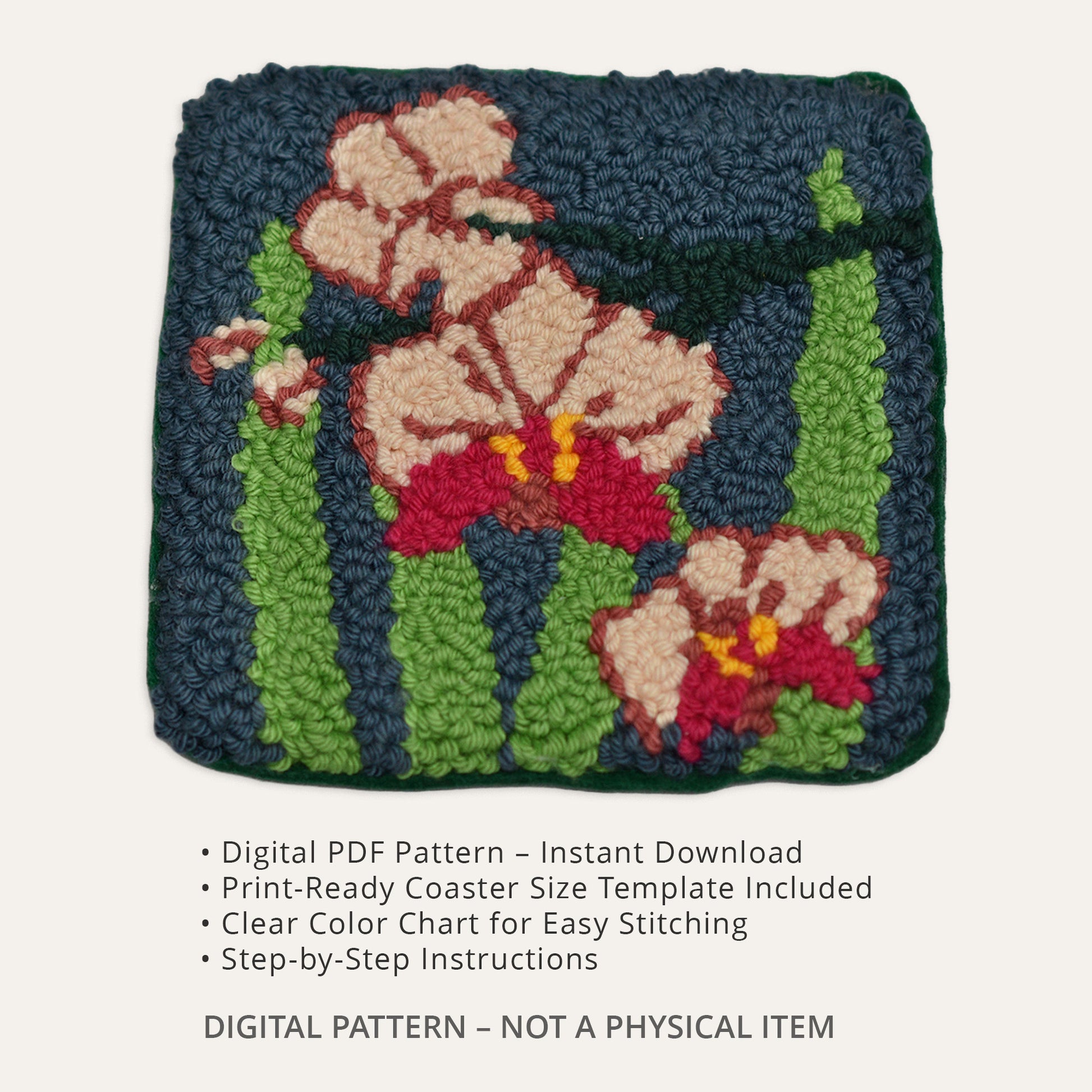 Square floral punch needle coaster with pink flowers and green leaves on a dark blue background, shown as a digital PDF pattern.